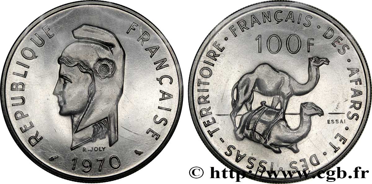 DJIBUTI - French Territory of the Afars and Issas  Essai de 100 Francs Marianne / dromadaires 1970 Paris MS70 