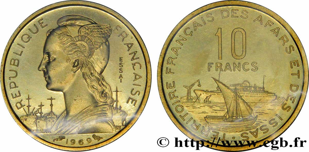 YIBUTI - Territorio Francés de los Afars e Issas Essai de 10 Francs Marianne / voilier et paquebot 1969 Paris FDC70 