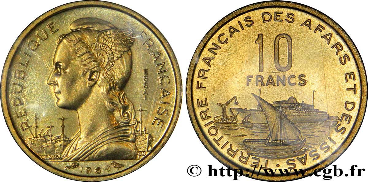 YIBUTI - Territorio Francés de los Afars e Issas Essai de 10 Francs Marianne / voilier et paquebot 1969 Paris FDC70 