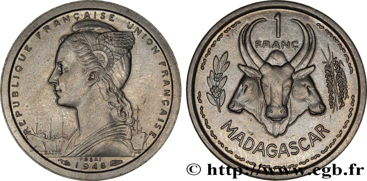MADAGASCAR - UNION FRANCESE Essai de 1 Franc 1948 Paris FDC 