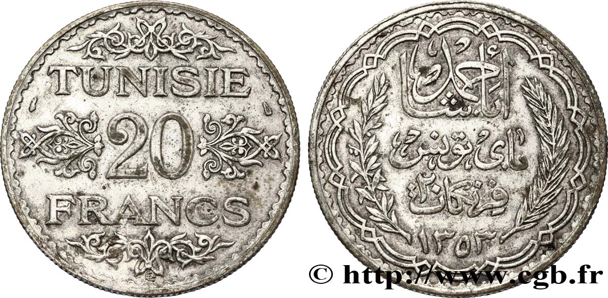 TUNEZ - Protectorado Frances 20 Francs au nom du  Bey Ahmed an 1353 1934 Paris MBC 
