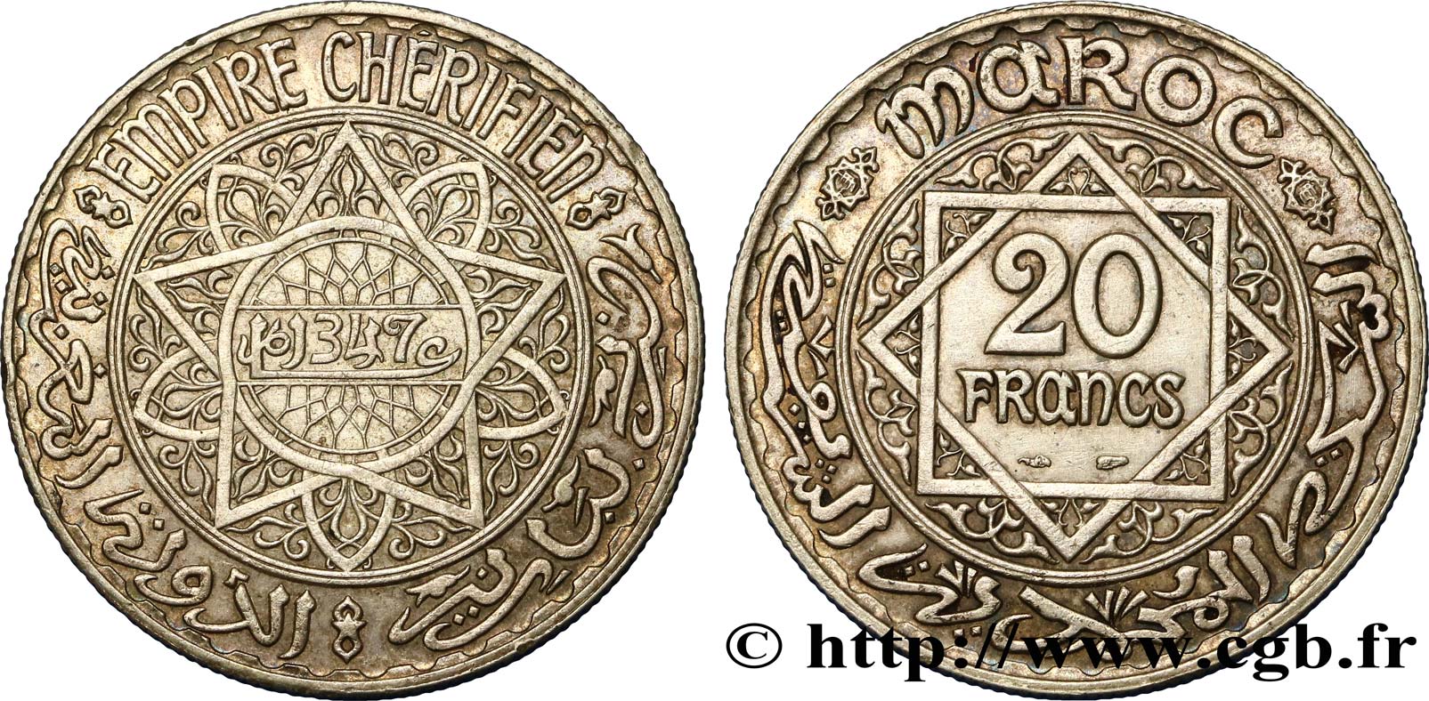 MAROCCO - PROTETTORATO FRANCESE 20 Francs AH 1347 1928 Paris SPL 