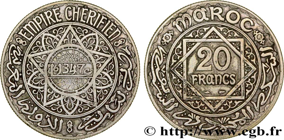 MAROKKO - FRANZÖZISISCH PROTEKTORAT 20 Francs AH 1347 1928 Paris SS 