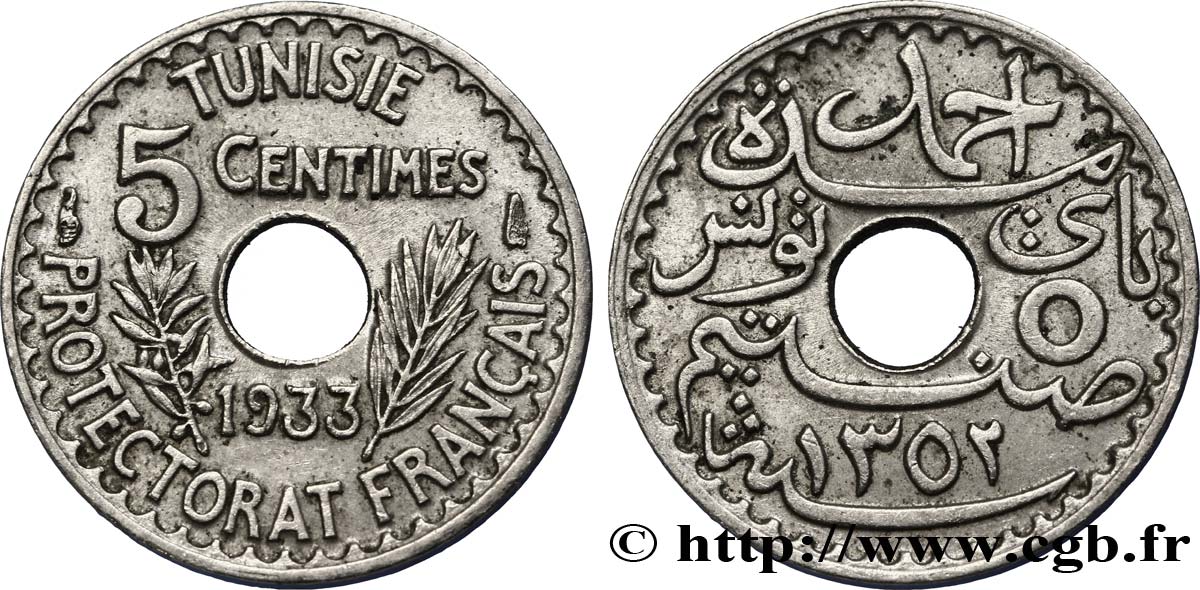 TUNESIEN - Französische Protektorate  5 Centimes 1933 Paris VZ 