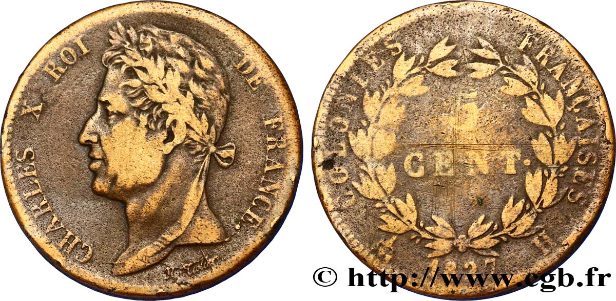 COLONIES FRANÇAISES - Charles X, pour la Martinique et la Guadeloupe 5 Centimes Charles X 1827 La Rochelle - A TB 