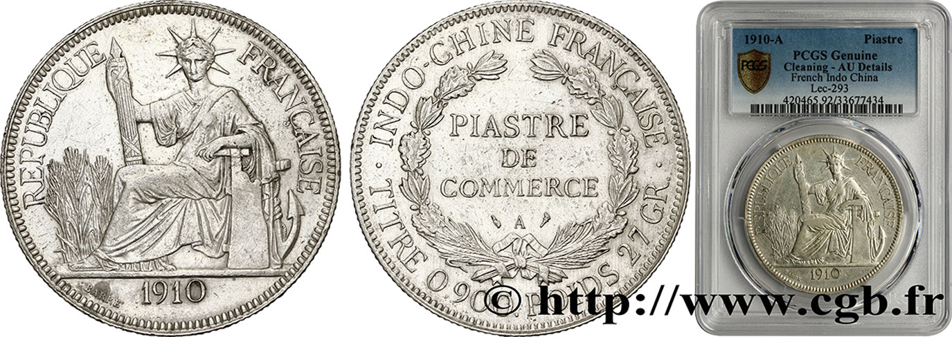 INDOCHINA 1 Piastre de Commerce 1910 Paris MBC+ PCGS