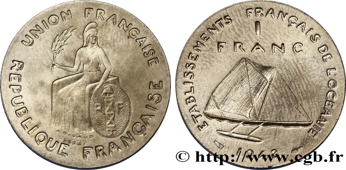 POLINESIA FRANCESE - Oceania Francese 1 Franc ESSAI type sans listel 1948 Paris MS 