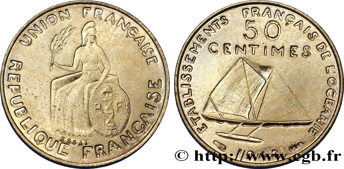 FRANZÖSISCHE POLYNESIA - Franzözische Ozeanien Essai de 50 Centimes type avec listel en relief 1948 Paris fST 