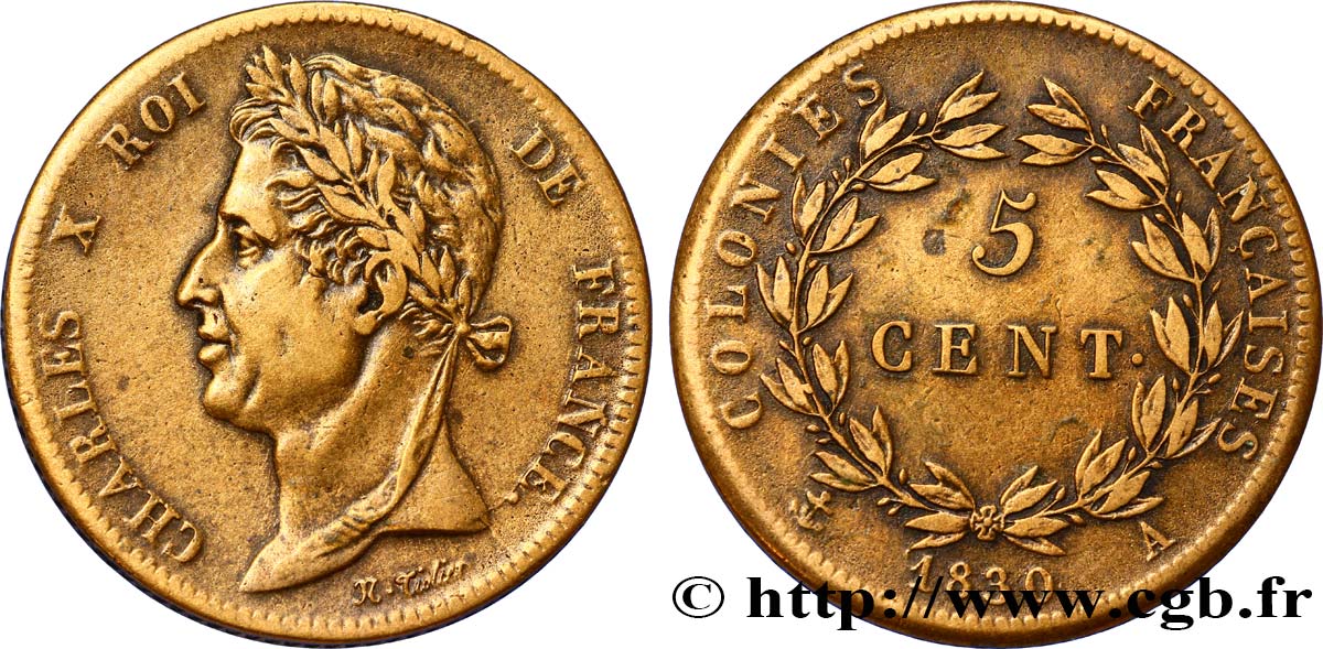 COLONIAS FRANCESAS - Charles X, para Guayana 5 Centimes Charles X 1830 Paris - A MBC 