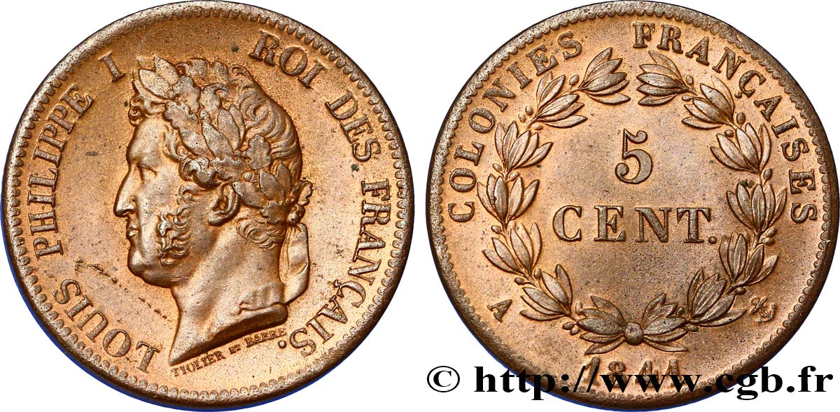 COLONIE FRANCESI - Luigi Filippo, per Guadalupa 5 Centimes Louis Philippe Ier 1841 Paris - A SPL 