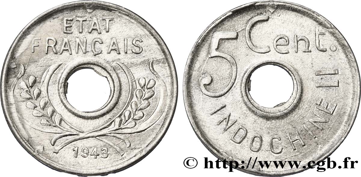 FRENCH INDOCHINA 5 Centièmes 1943 Hanoï AU 