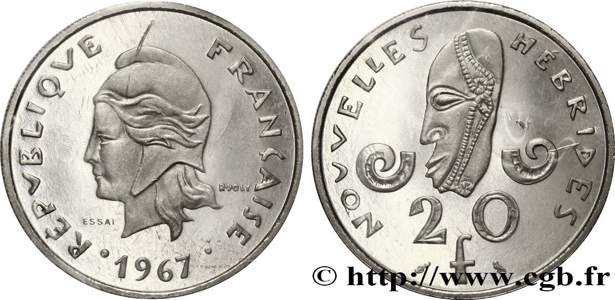 NEUE HEBRIDEN (VANUATU ab 1980) Essai de 20 Francs Marianne / masque 1967 Paris ST 