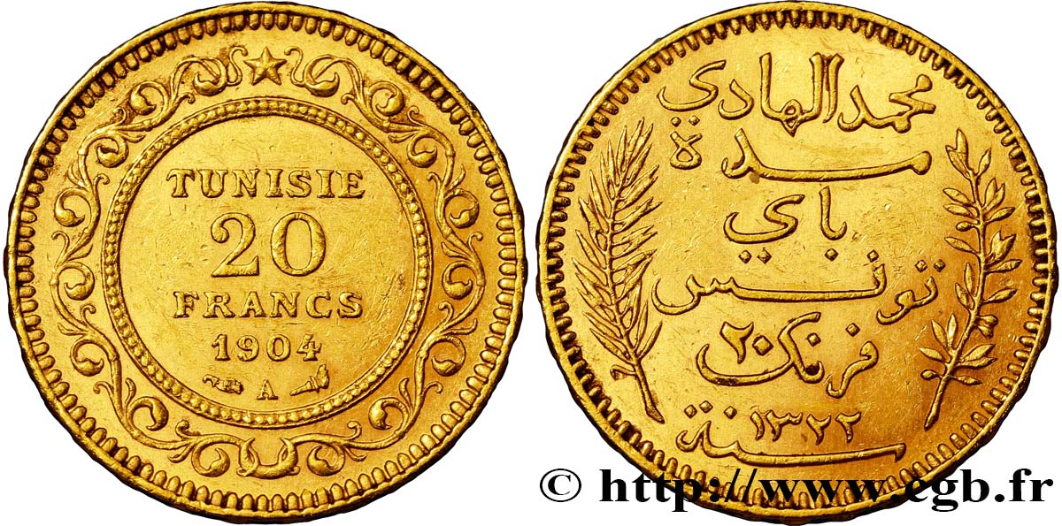 TUNISIA - French protectorate 20 Francs or Bey Mohamed El Hadi AH 1322 1904 Paris AU 