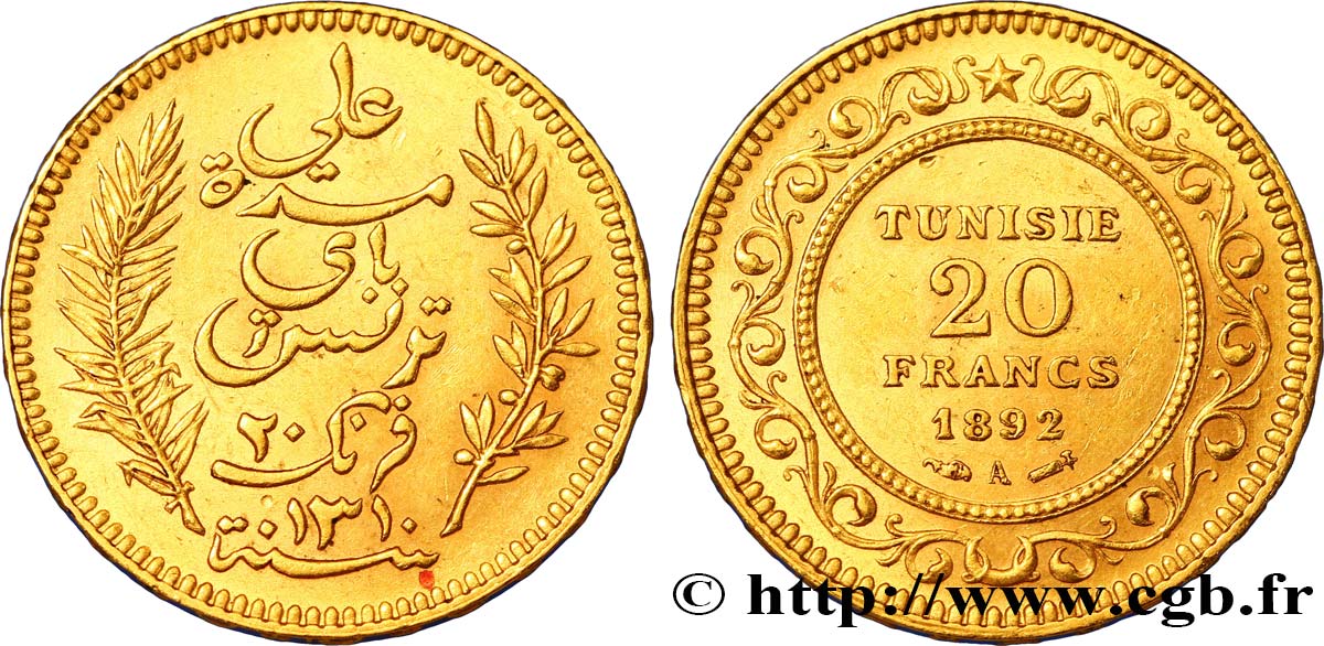 TUNISIA - FRENCH PROTECTORATE 20 Francs or Bey Ali AH 1309 1892 Paris AU 