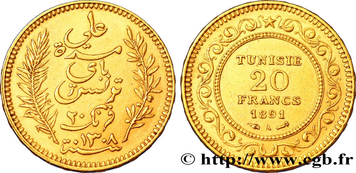 TUNEZ - Protectorado Frances 20 Francs or Bey Ali AH1308 1891 Paris MBC+ 