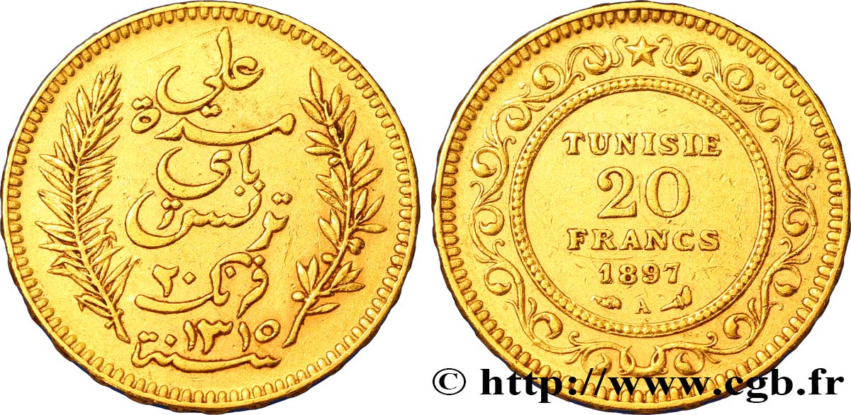 TUNEZ - Protectorado Frances 20 Francs or Bey Ali AH 1315 1897 Paris MBC 