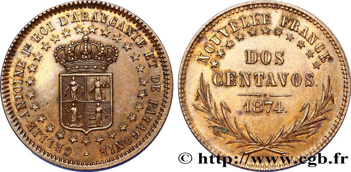 REINO DE LA ARAUCANIA Y LA PATAGONIA - NUEVA FRANCIA Dos Centavos 1er type 1874  EBC 