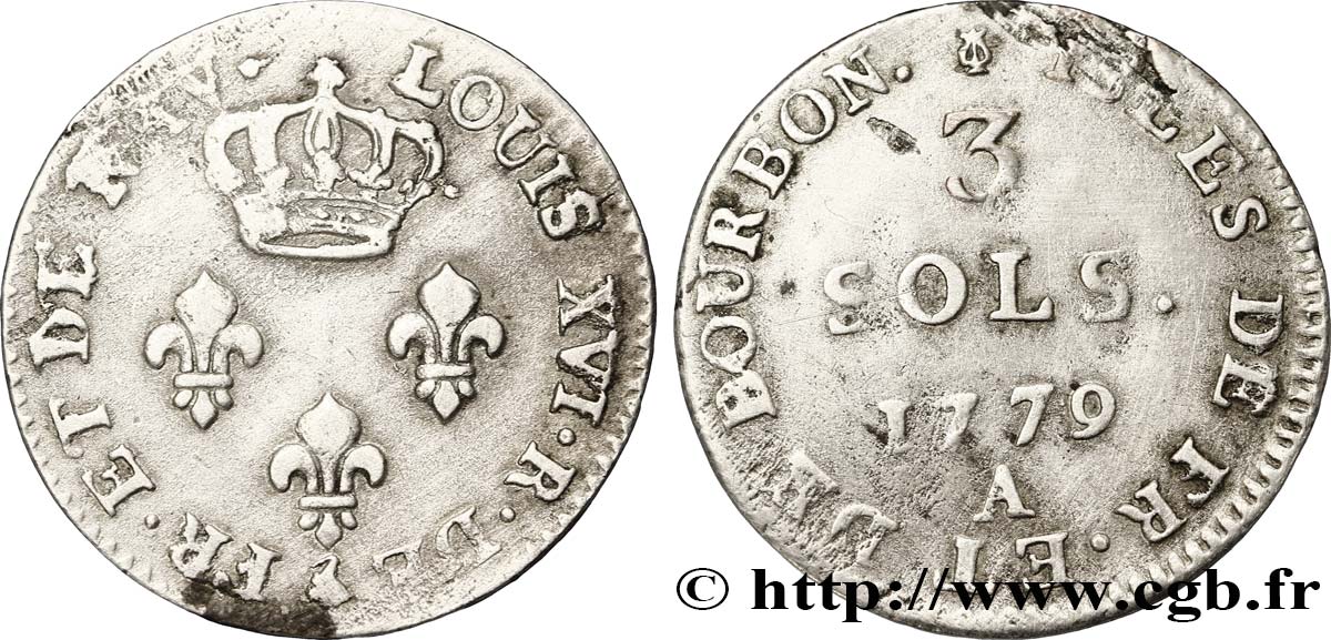 ISLES OF FRANCE AND BOURBON 3 Sols 1779 Paris VF 