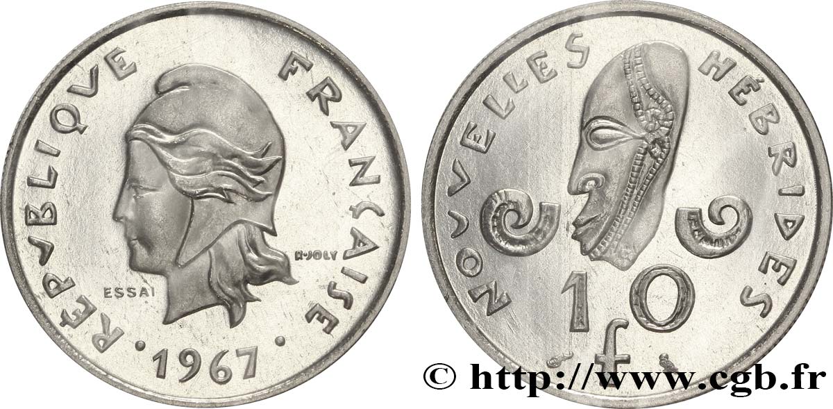 NOUVELLES HÉBRIDES (VANUATU depuis 1980) Essai de 10 Francs Marianne / masque 1967 Paris FDC 