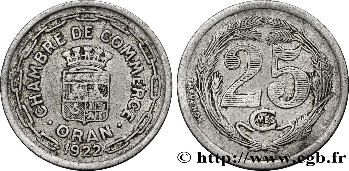 ALGERIA 25 Centimes Chambre de Commerce d’Oran 1922  VF 