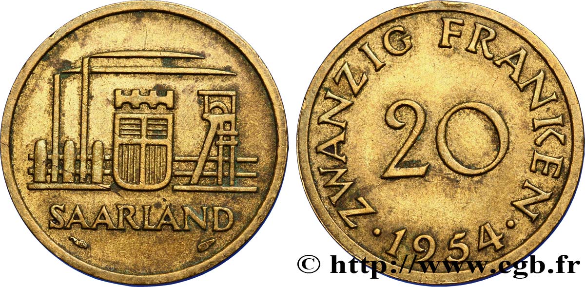 SAARLAND 20 Franken 1954 Paris q.SPL 