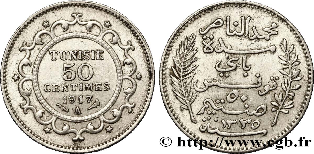 TUNESIEN - Französische Protektorate  50 Centimes AH1335 1917 Paris VZ 