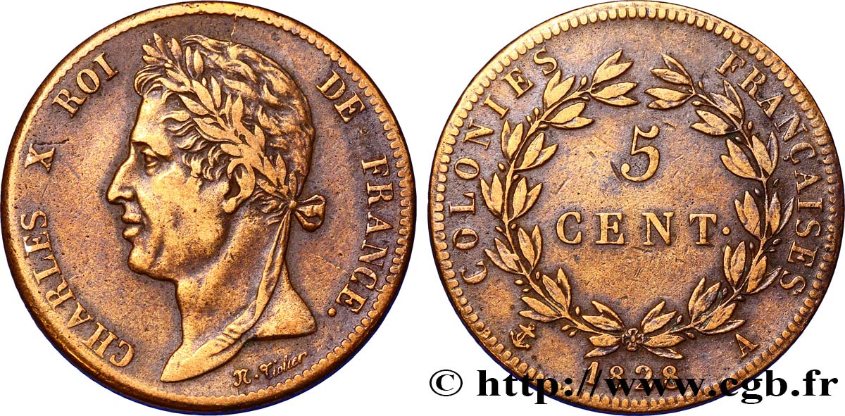 COLONIAS FRANCESAS - Charles X, para Guayana 5 Centimes Charles X 1828 Paris - A MBC 