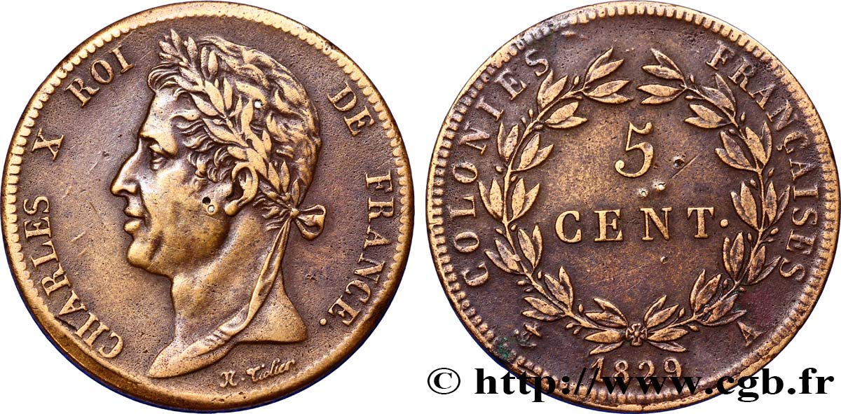 COLONIE FRANCESI - Carlo X, per Guyana 5 Centimes Charles X 1829 Paris - A BB 
