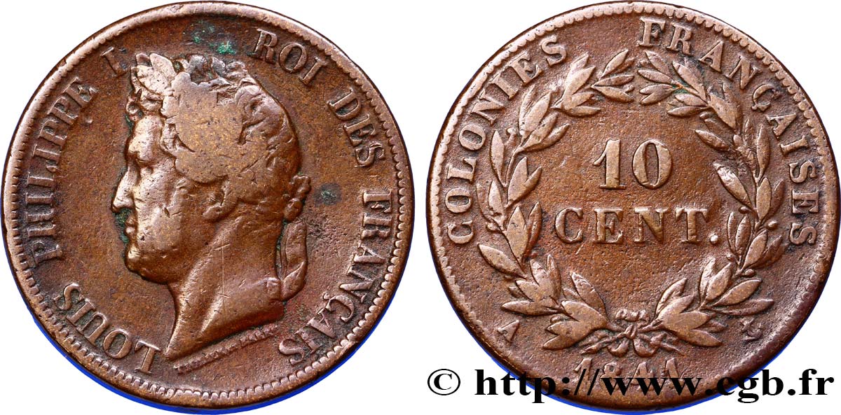 COLONIAS FRANCESAS - Louis-Philippe para Guadalupe 10 Centimes 1841 Paris BC 