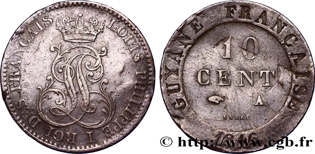 FRENCH GUIANA 10 Cent. (imes) monogramme de Louis-Philippe 1846 Paris VF 