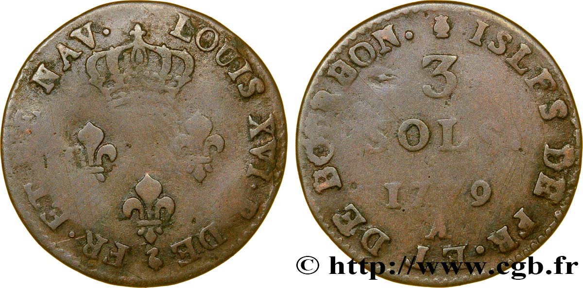 ISOLE DE FRANCIA E BORBONE 3 Sols 1779 Paris q.MB 