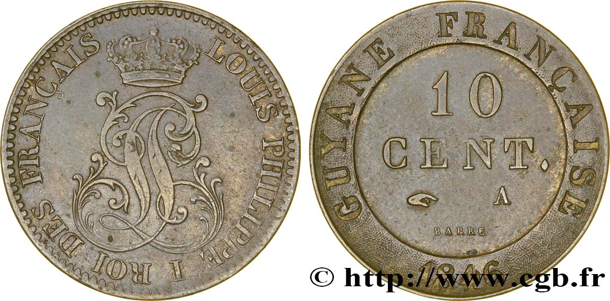 GUYANA FRANCESA 10 Cent. (imes) monogramme de Louis-Philippe 1846 Paris MBC 