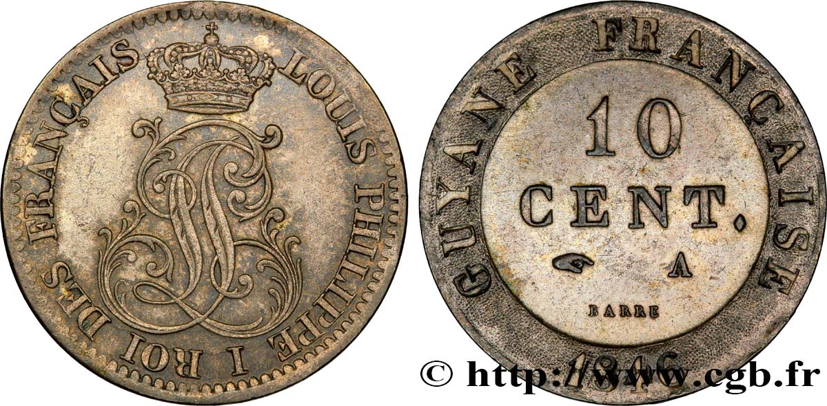 GUYANA FRANCESE 10 Cent. (imes) monogramme de Louis-Philippe 1846 Paris SPL 