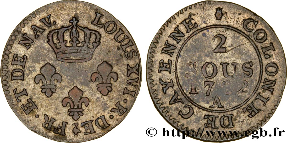 GUYANA FRANCESE 2 Sous colonies de Cayenne 2e type  1782 Paris - A q.BB 