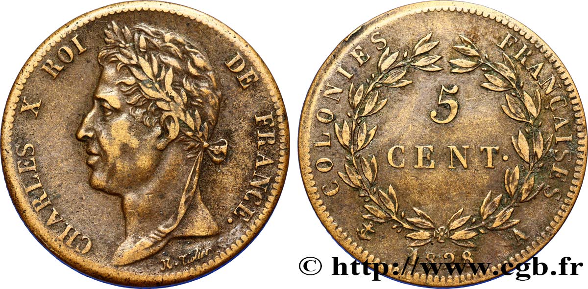 COLONIE FRANCESI - Carlo X, per Guyana 5 Centimes Charles X 1828 Paris - A q.SPL 