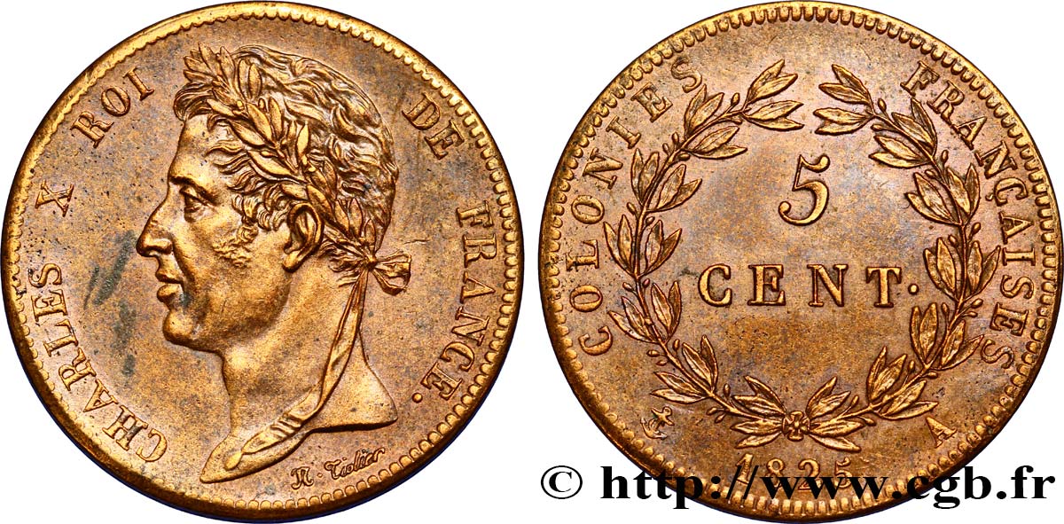 FRANZÖSISCHE KOLONIEN - Charles X, für Guayana und Senegal 5 Centimes Charles X 1825 Paris - A VZ 