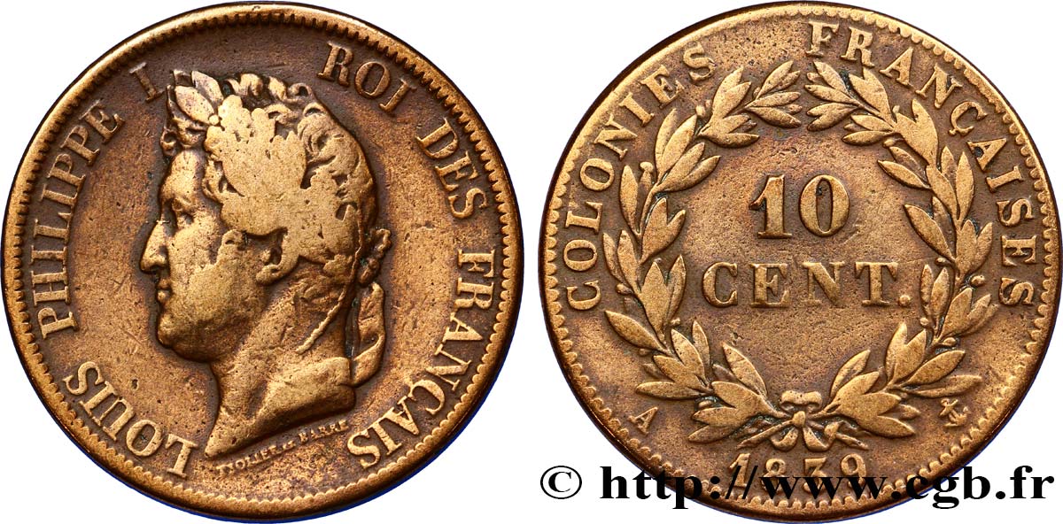 COLONIE FRANCESI - Luigi Filippo, per Guadalupa 10 Centimes Louis Philippe Ier 1839 Paris - A MB 