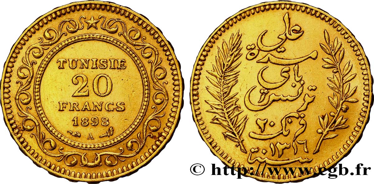 TUNEZ - Protectorado Frances 20 Francs or Bey Ali AH 1316 1898 Paris MBC+ 