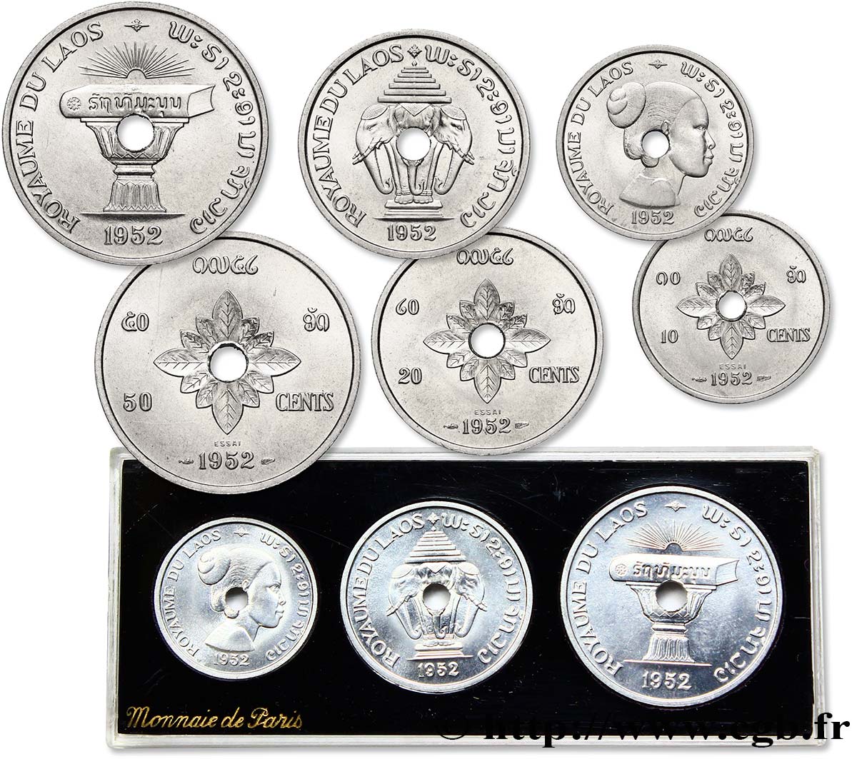 LAOS Boîte de 10, 20 et 50 cents ESSAI 1952 Paris MS 