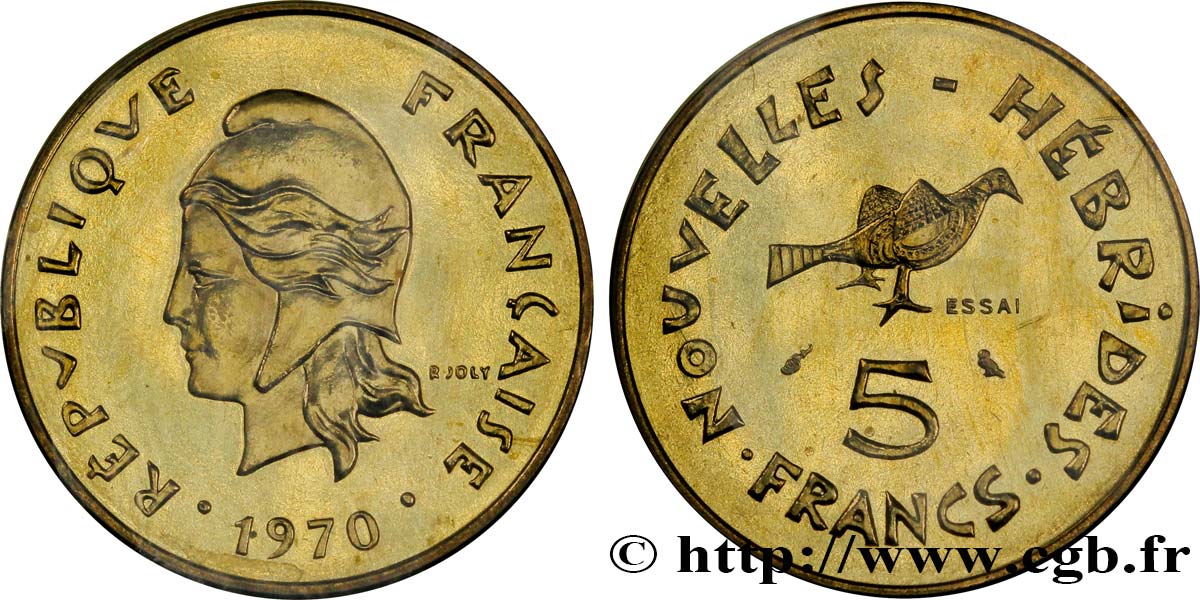 NUOVO EBRIDI (VANUATU dopo1980) Essai de 5 Francs Marianne / oiseau 1970 Paris FDC 