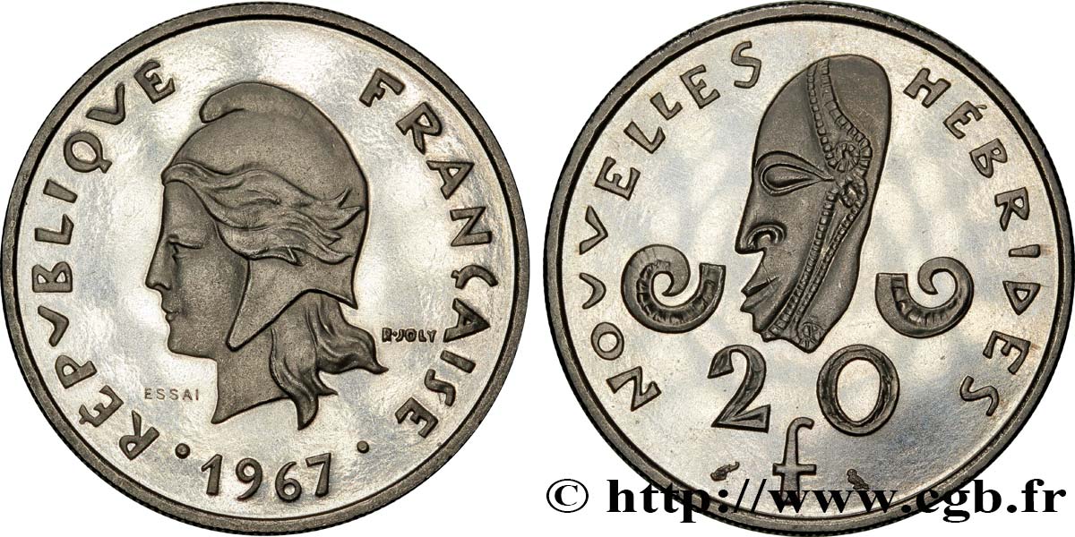NEW HEBRIDES (VANUATU since 1980) Essai de 20 Francs Marianne / masque 1967 Paris MS 