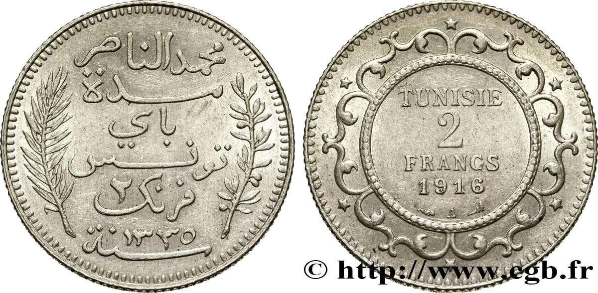TUNESIEN - Französische Protektorate  2 Francs AH1335 1916 Paris - A VZ 