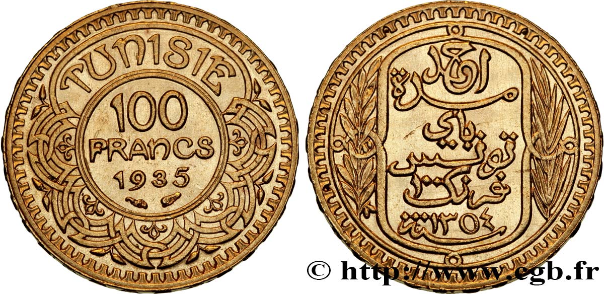 TUNISIA - FRENCH PROTECTORATE 100 Francs or frappée au nom du Bey Ahmed 1935 Paris AU 