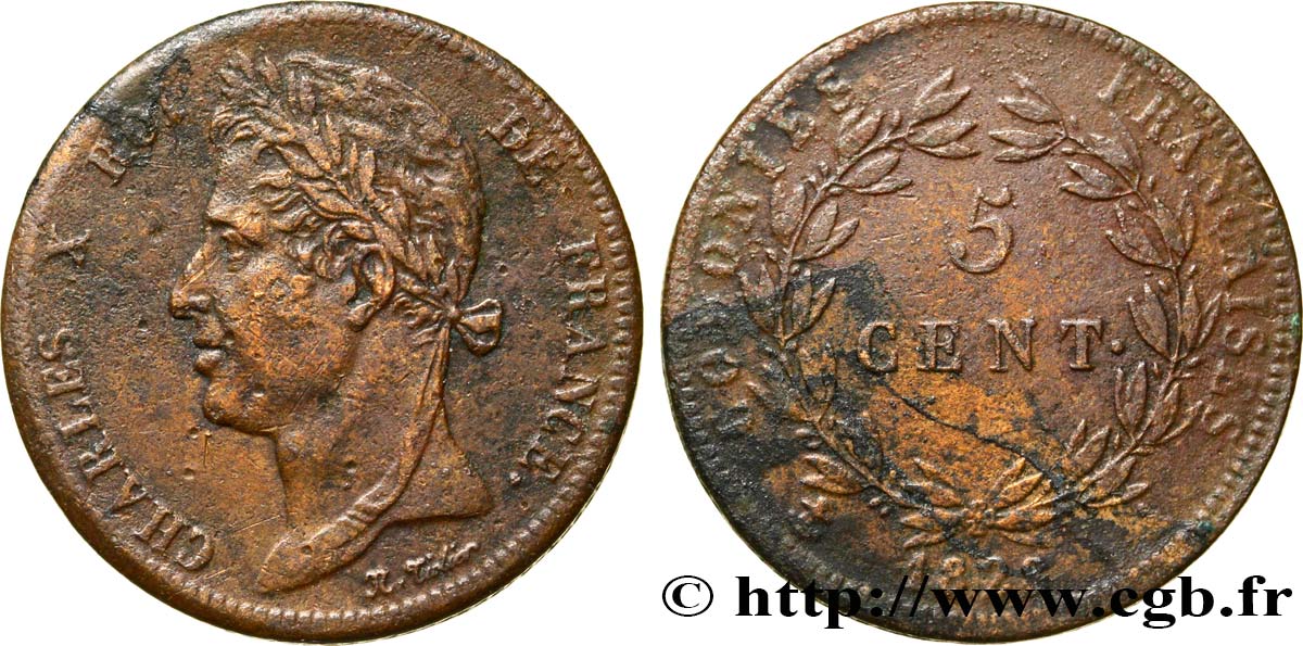 FRANZÖSISCHE KOLONIEN - Charles X, für Guayana 5 Centimes Charles X 1828 Paris - A S 