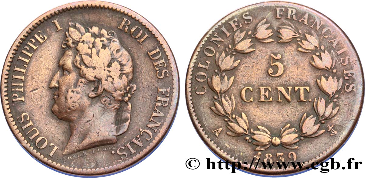 COLONIE FRANCESI - Luigi Filippo, per Guadalupa 5 Centimes Louis Philippe Ier 1839 Paris - A MB 