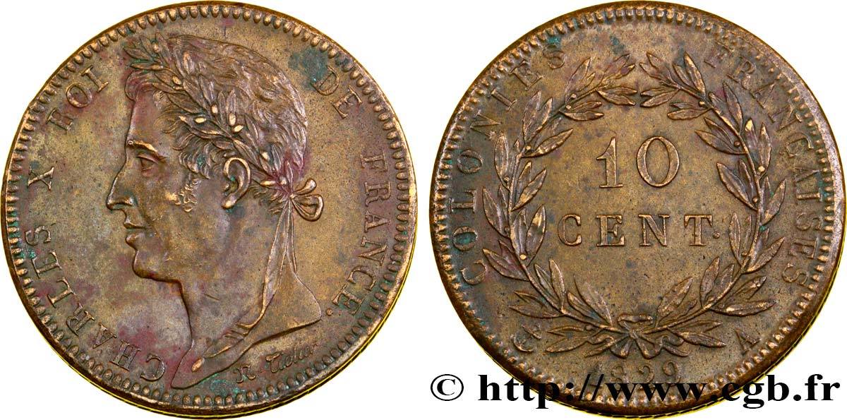 COLONIE FRANCESI - Carlo X, per Guyana 10 Centimes Charles X 1829 Paris - A BB 