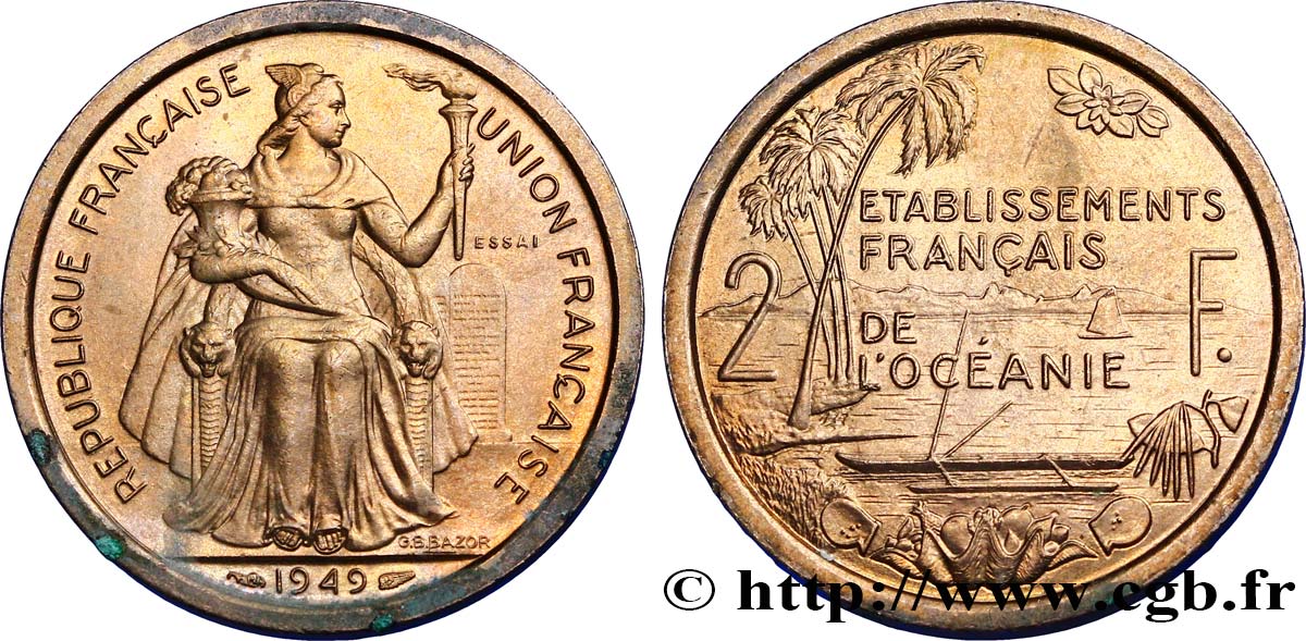 FRENCH POLYNESIA - Oceania Francesa Essai de 2 Francs Établissements français de l’Océanie 1949 Paris SC 