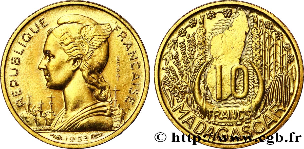 MADAGASCAR French Union 10 Francs ESSAI 1953 Paris MS 