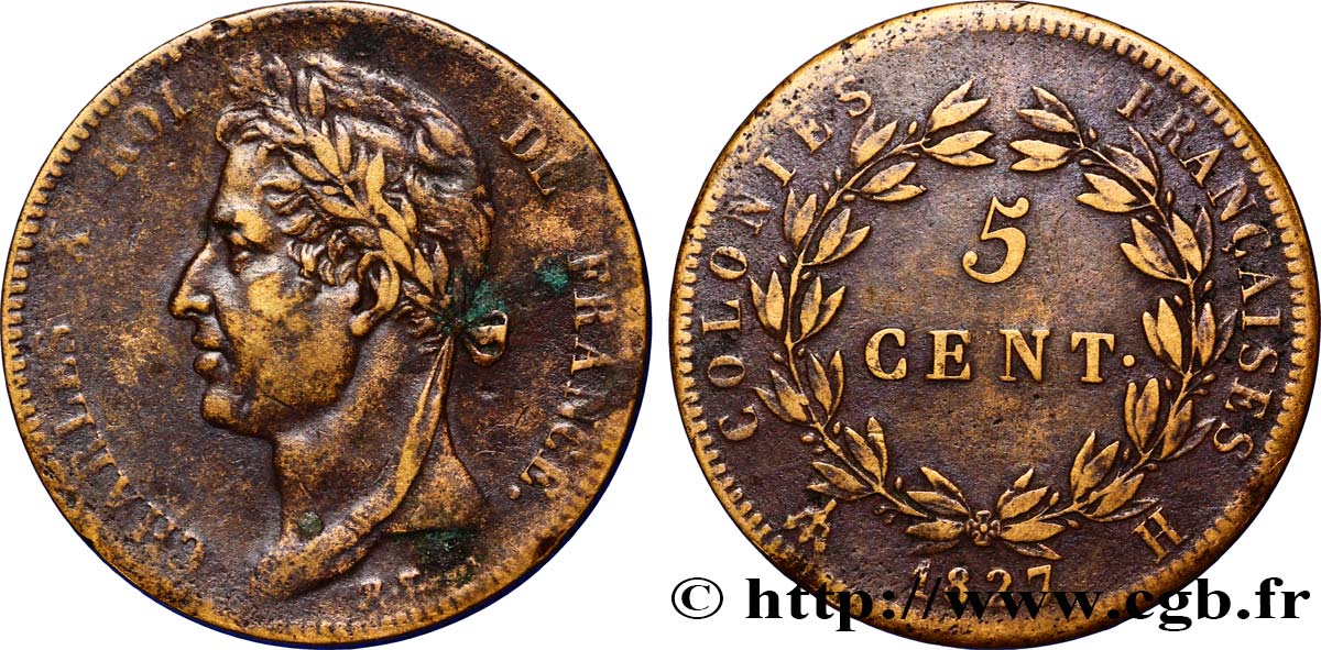 COLONIAS FRANCESAS - Charles X, para Martinica y Guadalupe 5 Centimes Charles X 1827 La Rochelle - A BC+ 