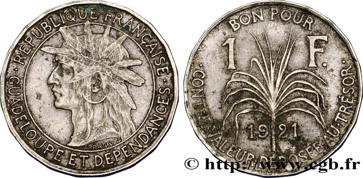 GUADELOUPE Bon pour 1 Franc indien caraïbe / canne à sucre 1921  XF 